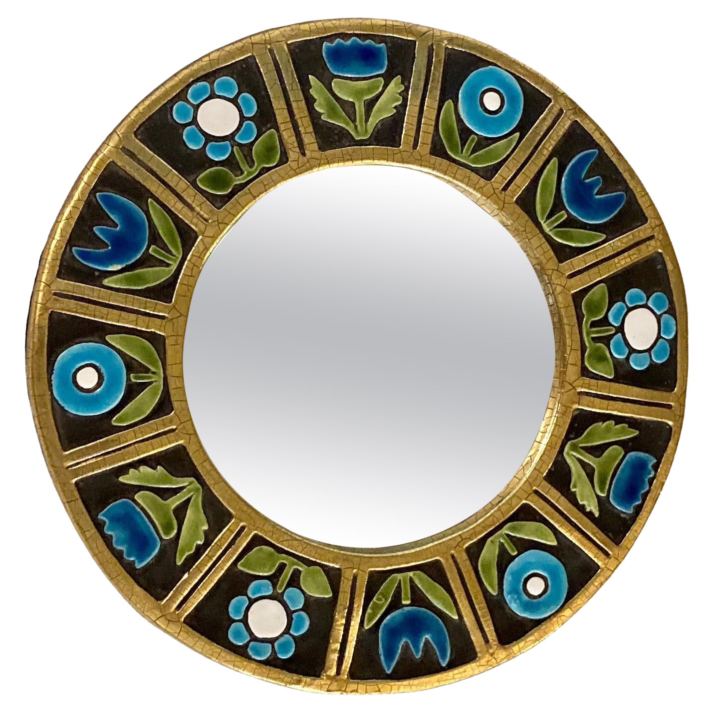 Round Ceramic Mirror Decorated with Blue Flowers by Mithé Espelt, France