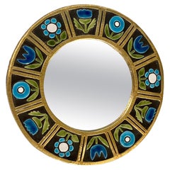 Round Ceramic Mirror Decorated with Blue Flowers by Mithé Espelt, France