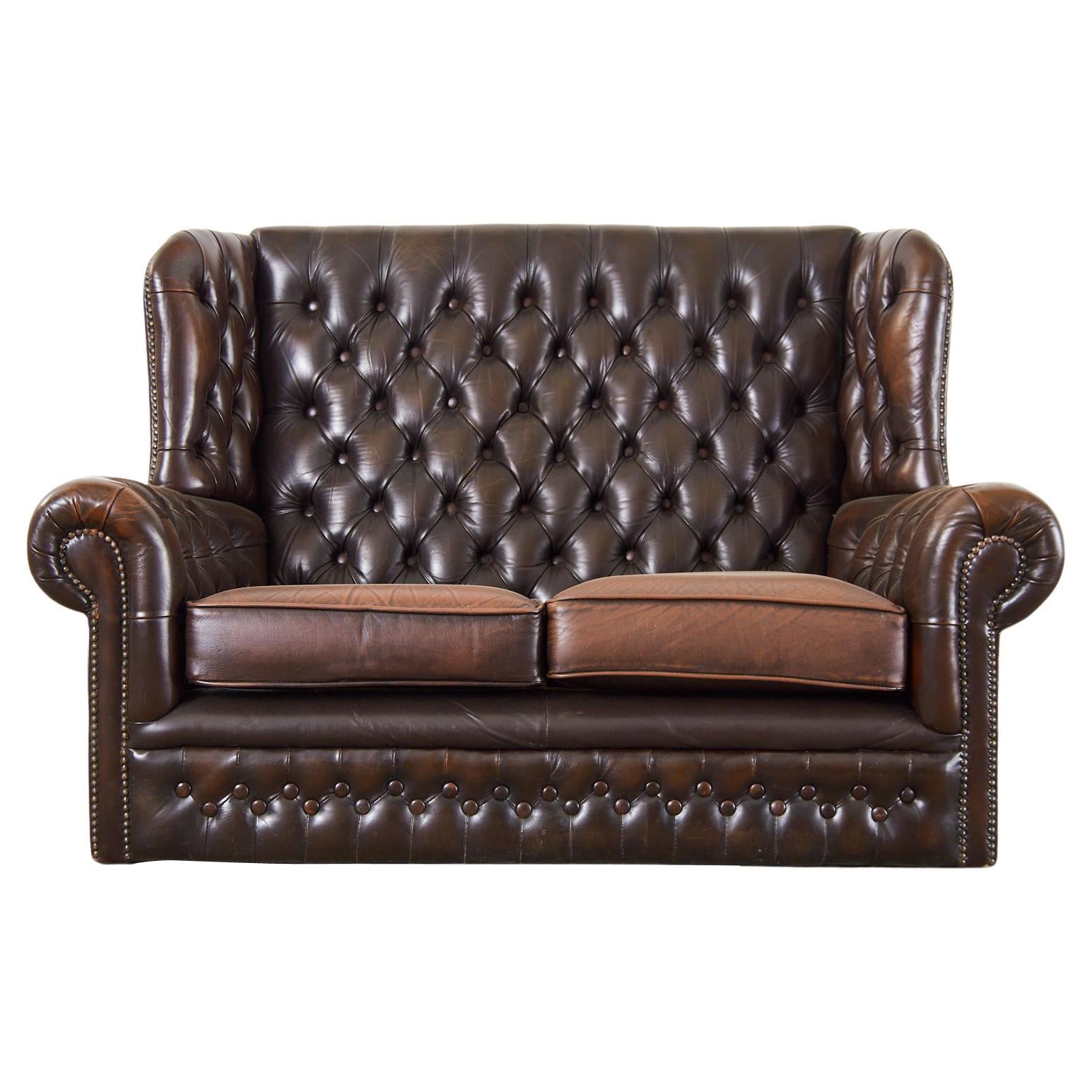 English Thomas Lloyd Cigar Leather Wingback Chesterfield Settee