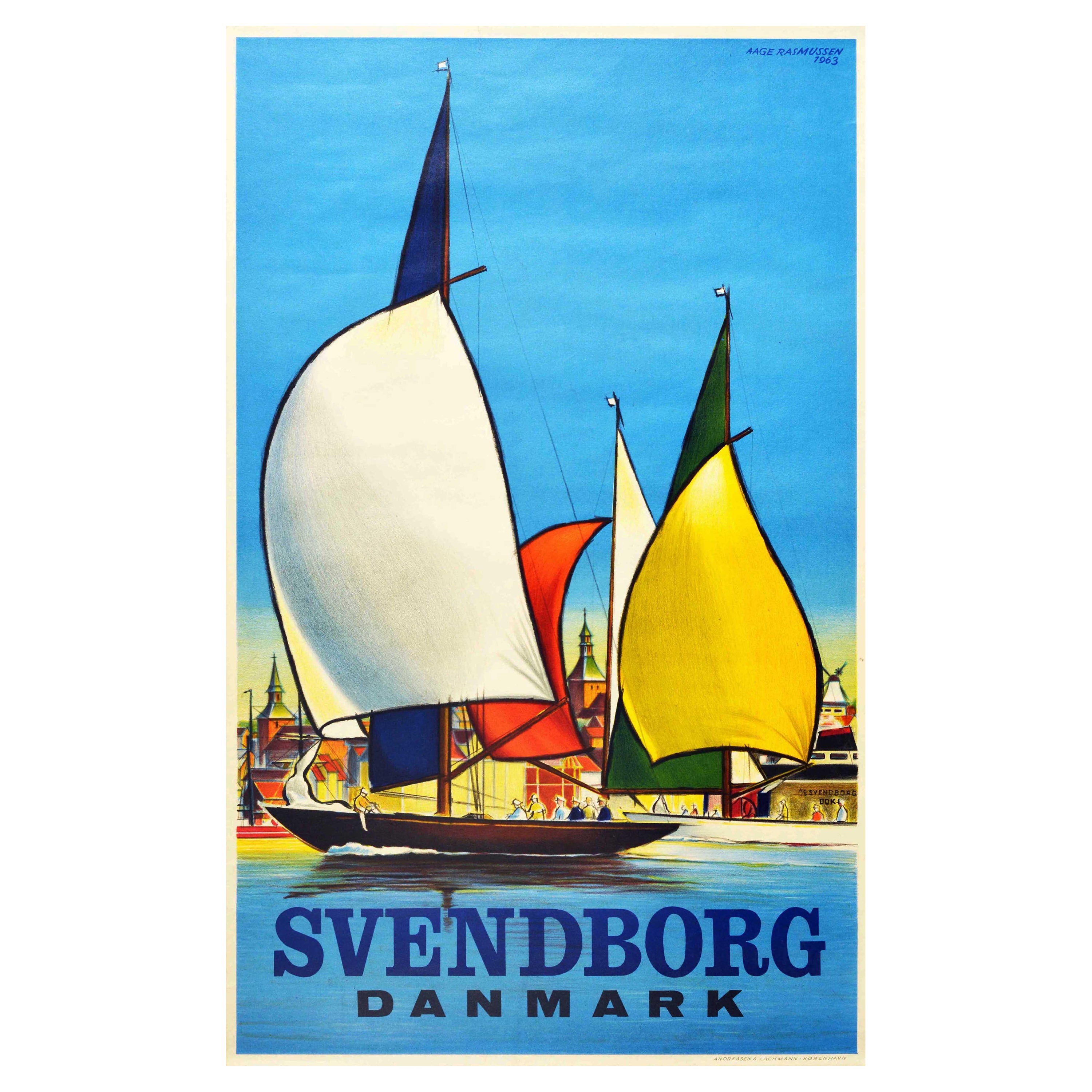 Original Vintage Travel Poster Svendborg Danmark Sailing Pleasure Boat Denmark