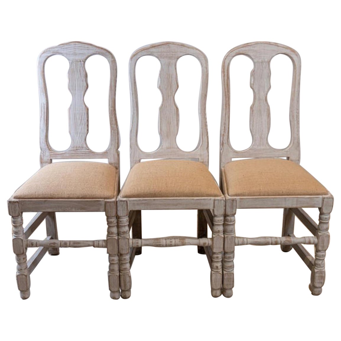 Set of 4 1940s Swedish Country Style High Backed White-Washed Folk Chairs