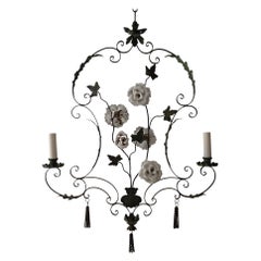 Big French Wrought Iron Porcelain Roses Vase & Tassels Chandelier, circa 1880
