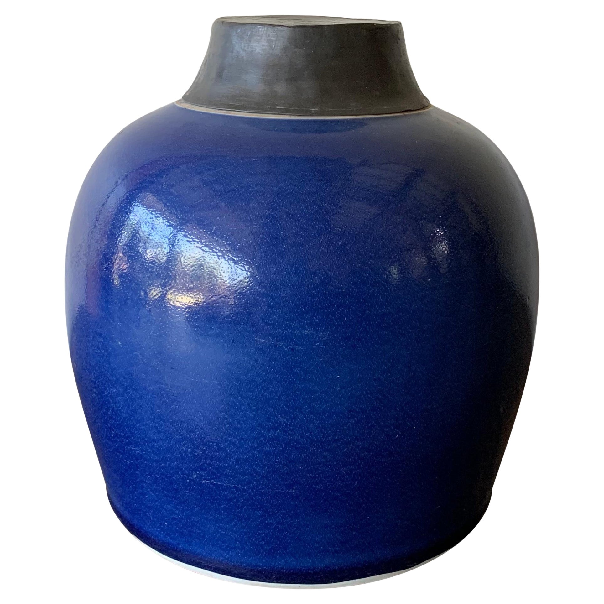 Blue Chinese Ceramic Ginger Jar with Metal Top, Early 20th Century