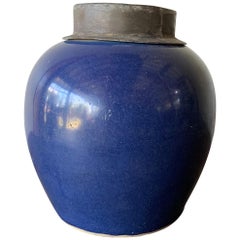 Antique Blue Chinese Ceramic Ginger Jar with Metal Top, Early 20th Century