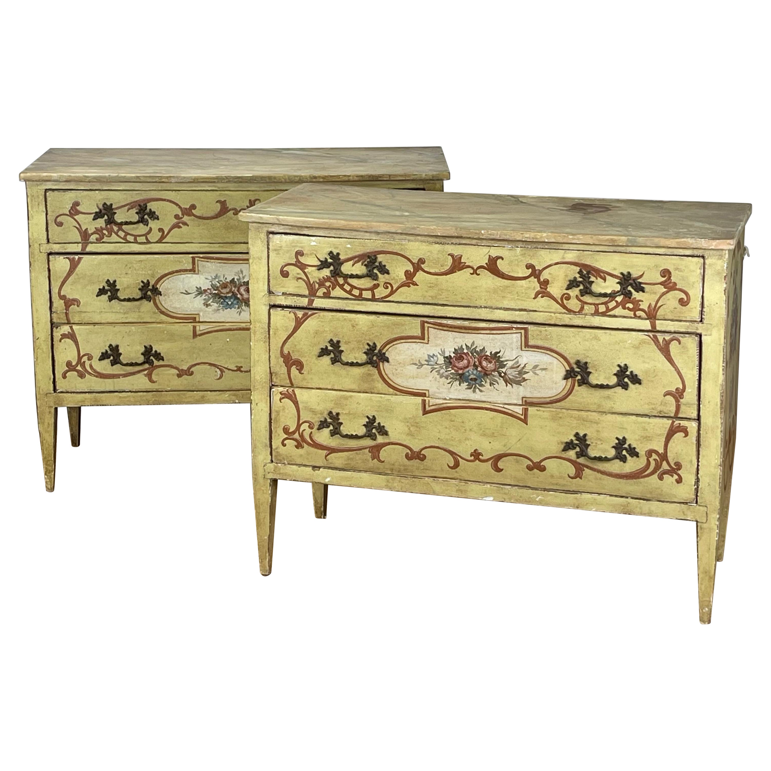 Pair of 19th Century Italian Paint Decorated Commodes or Chests For Sale