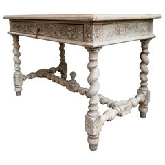 Antique table de salon française en chêne blanchi sculpté bureau Barley Twist Louis XIII