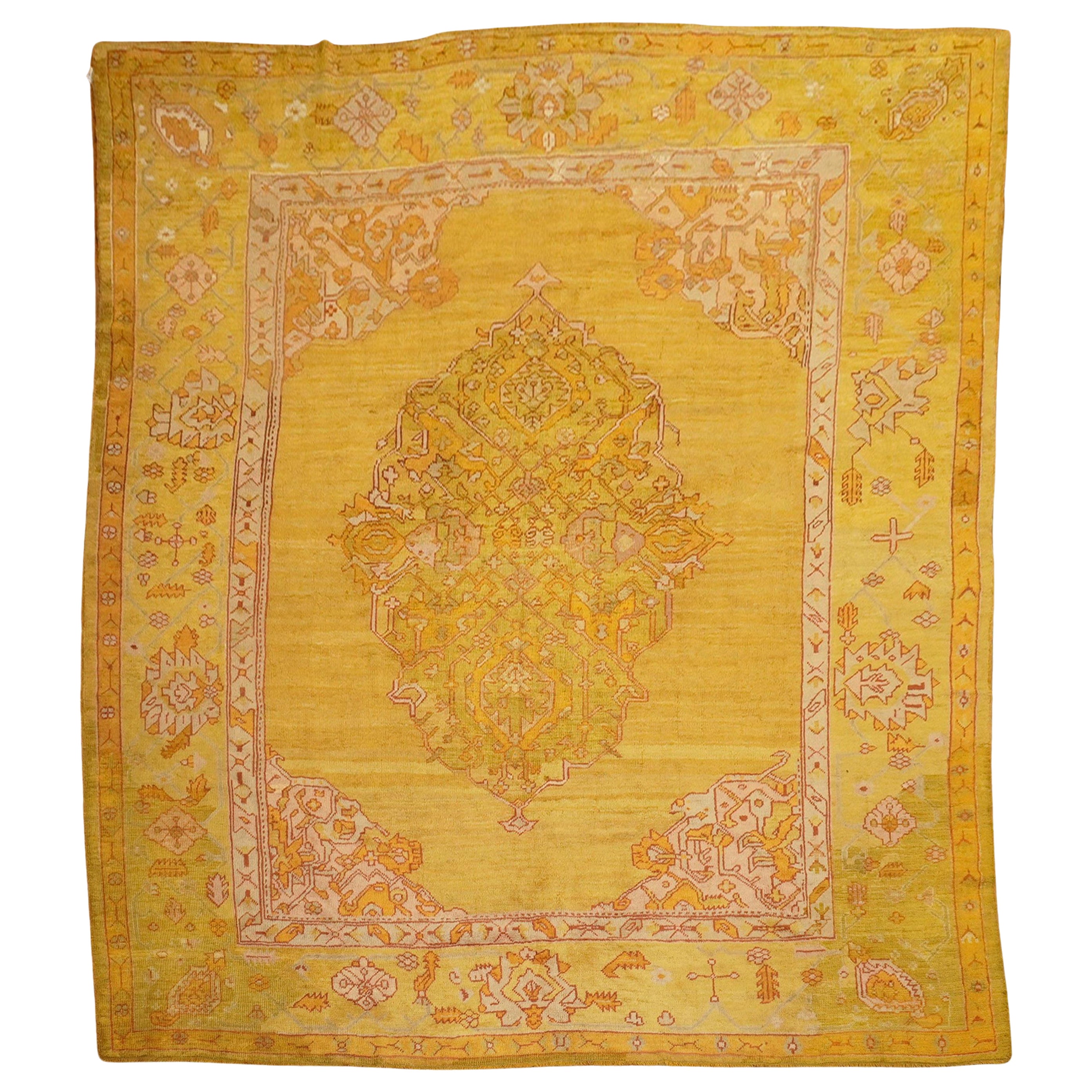 Zabihi Collection Gold Green Antique Oushak Rug For Sale