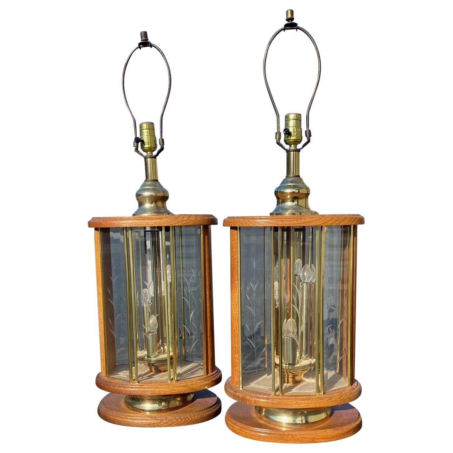 Vintage Don Ward Etched Glass Panel Wood and Brass Pair of Table Lamps For Sale