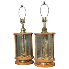 Vintage Don Ward Etched Glass Panel Wood and Brass Pair of Table Lamps