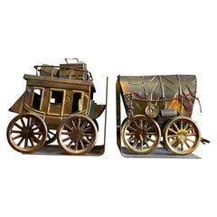Vintage Copper Wagon and Stage Coach Western Themed Book Ends