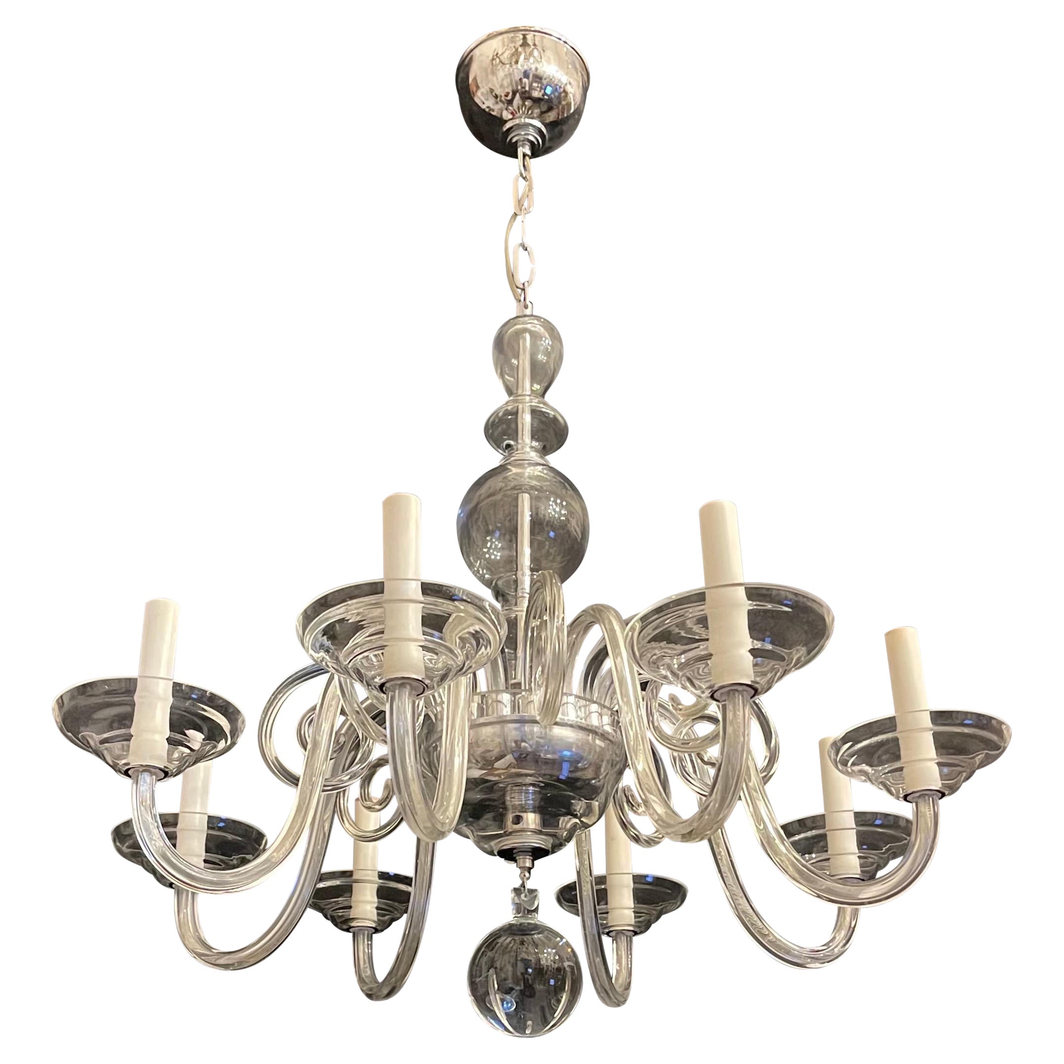 Wonderful Mid-Century Modern Crystal Glass Polished Nickel Fixture Chandelier