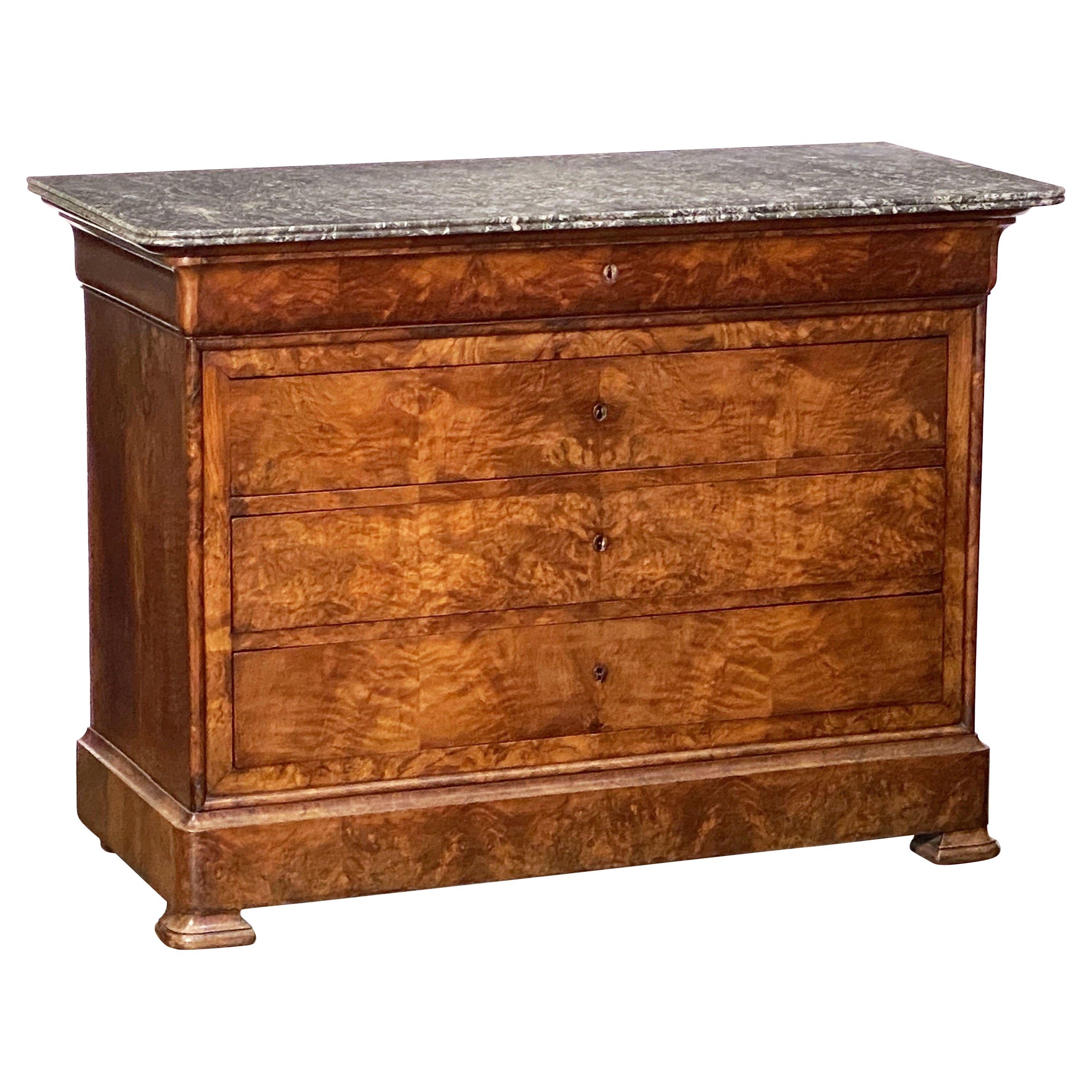 Louis Philippe Burr Walnut Chest or Commode with Marble Top from France