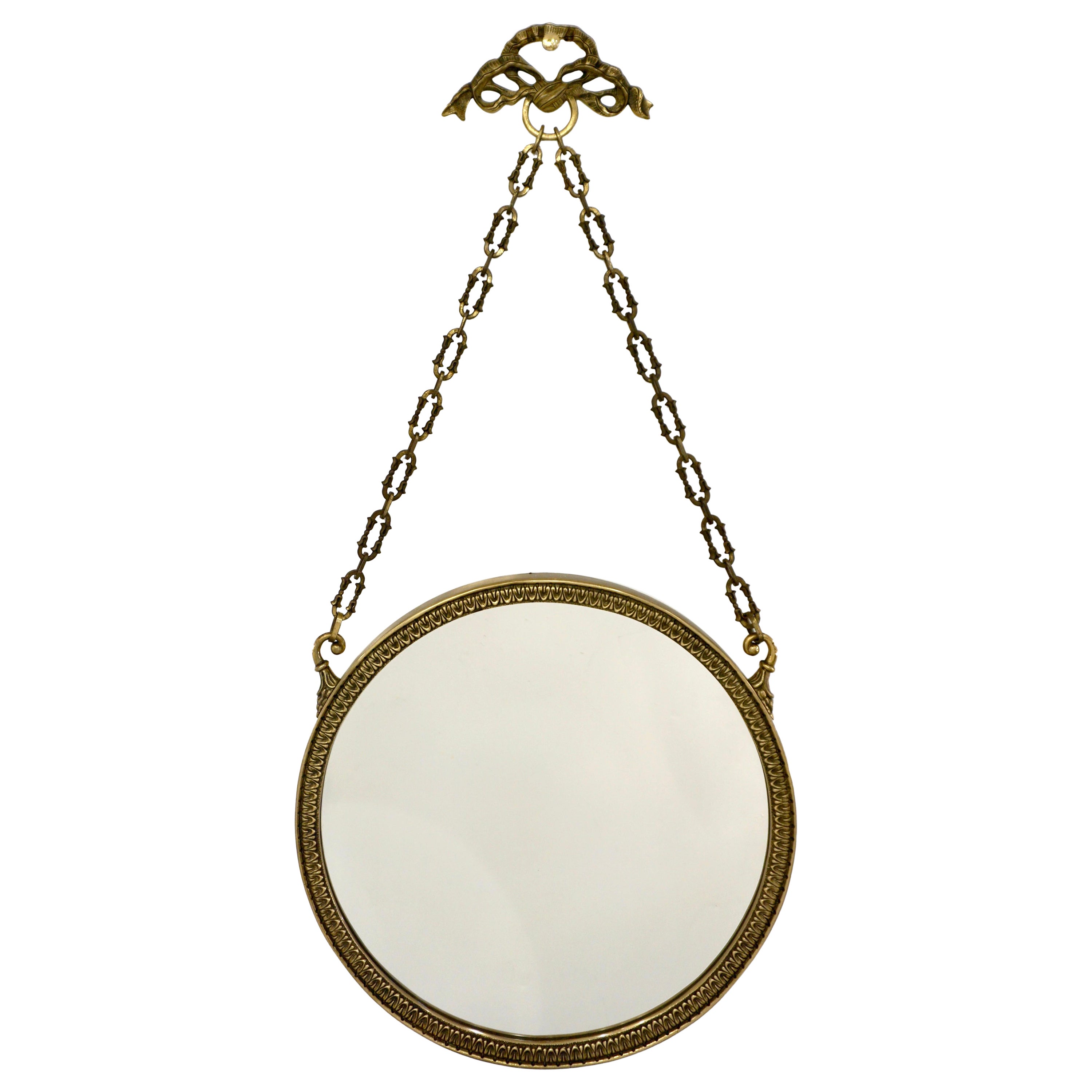 1950s Vintage Italian Chain Hanging & Chased Bronze Round Mirror with Knot