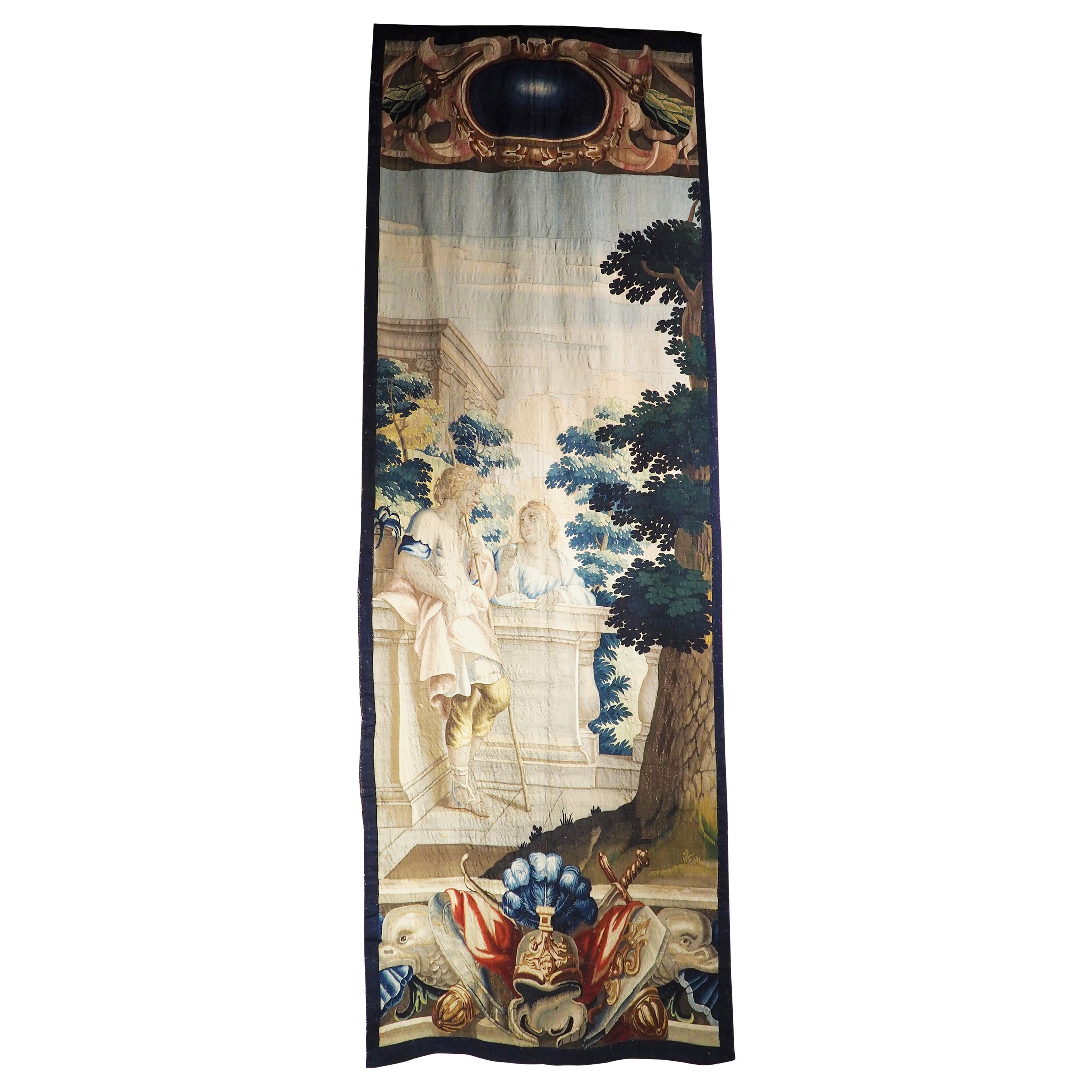 Tall 17th C. Wool and Silk Tapestry with Colorful Cartouche and Trophy Decor For Sale