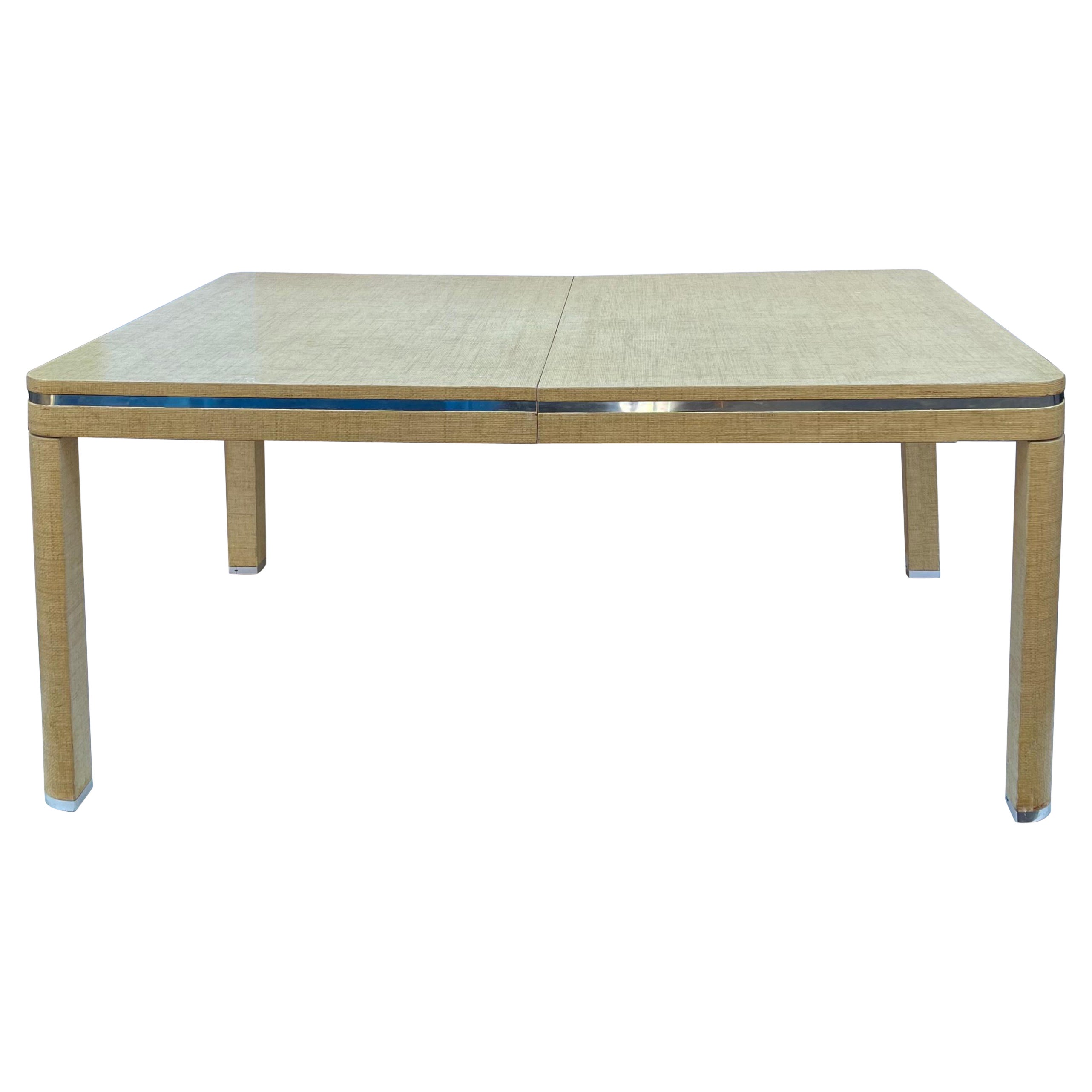 1970s Modern Karl Springer Style Grasscloth Wrapped Dining Table, 2 Leaves For Sale