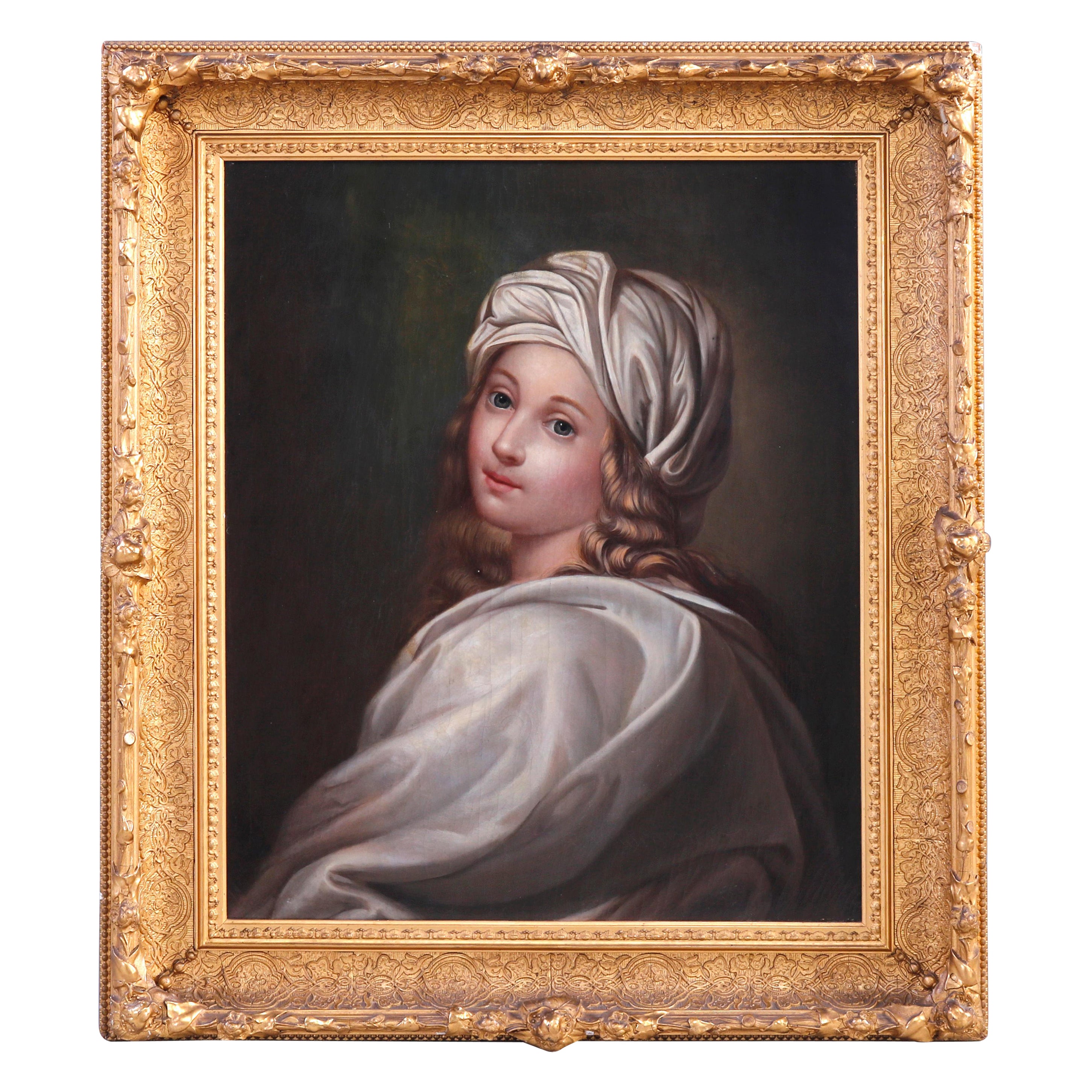 Antique Oil on Canvas Painting, Girl in White Turban Old Master Copy, circa 1850