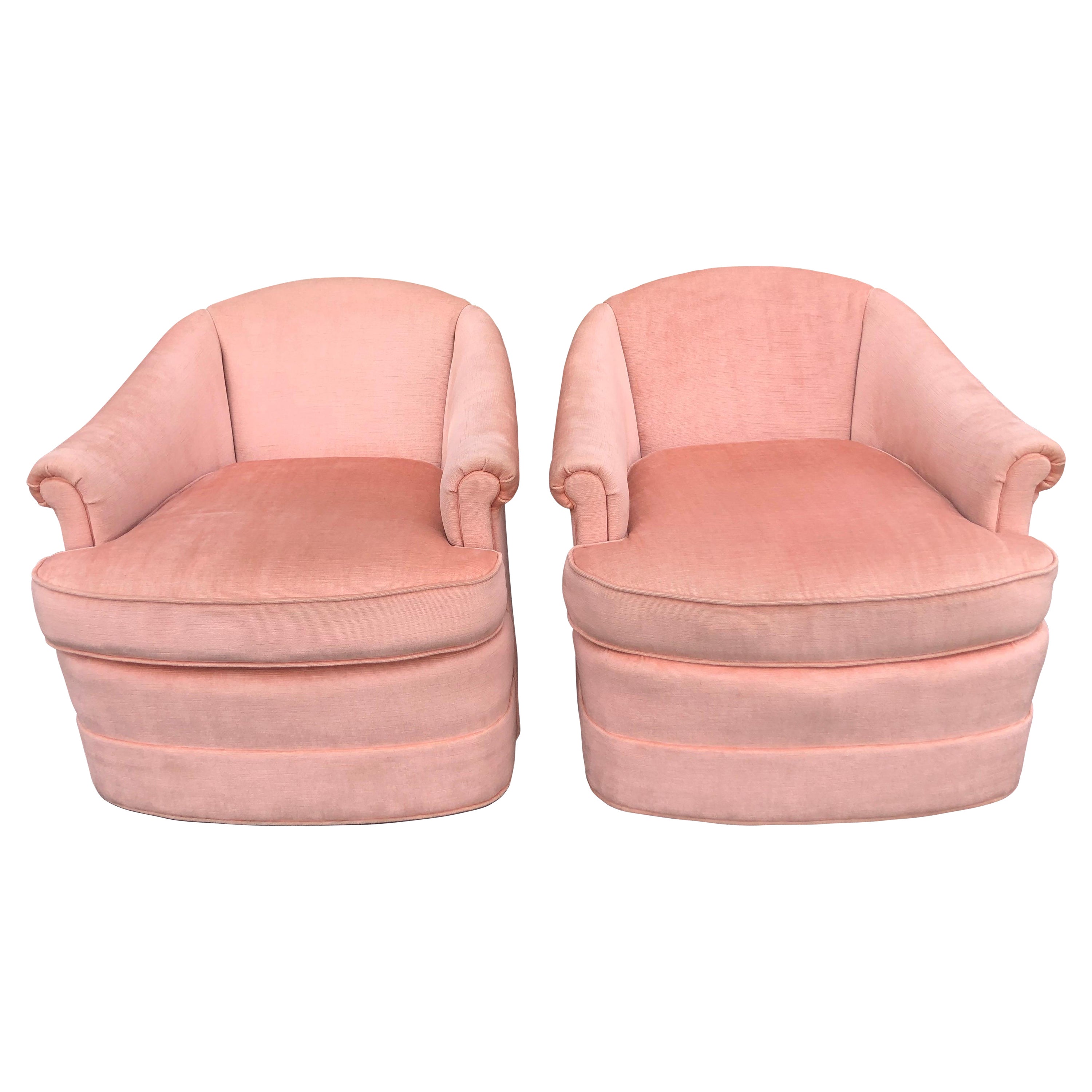 Pair of Soft Pink Chenille Swivel Club Chairs