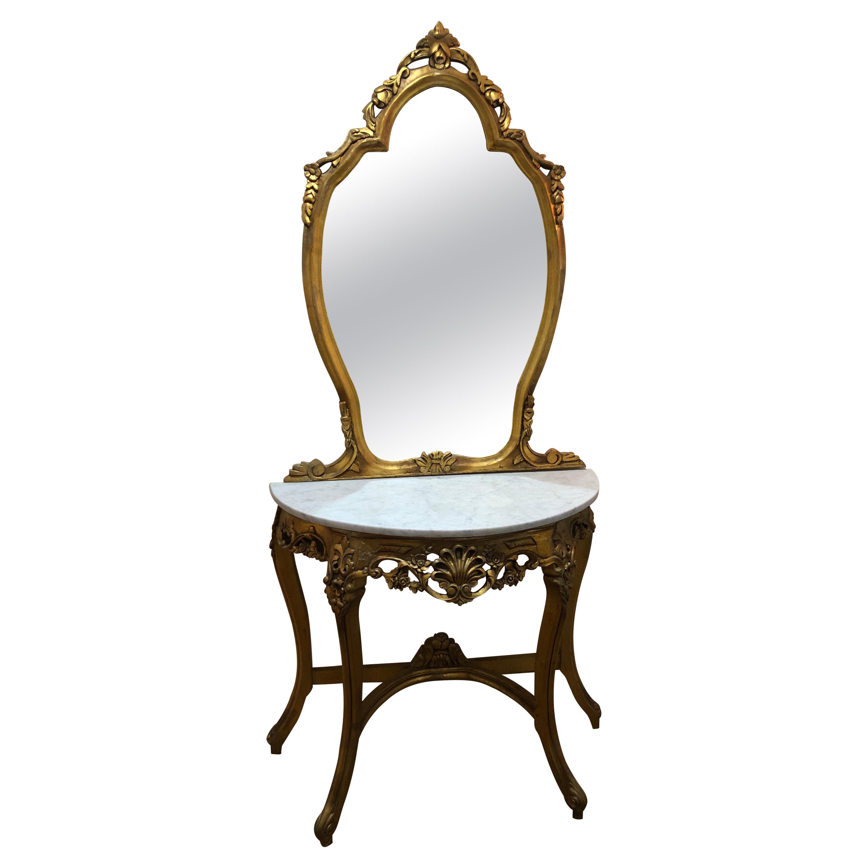 Gilt Marble Top Console or Entryway Table and Mirror