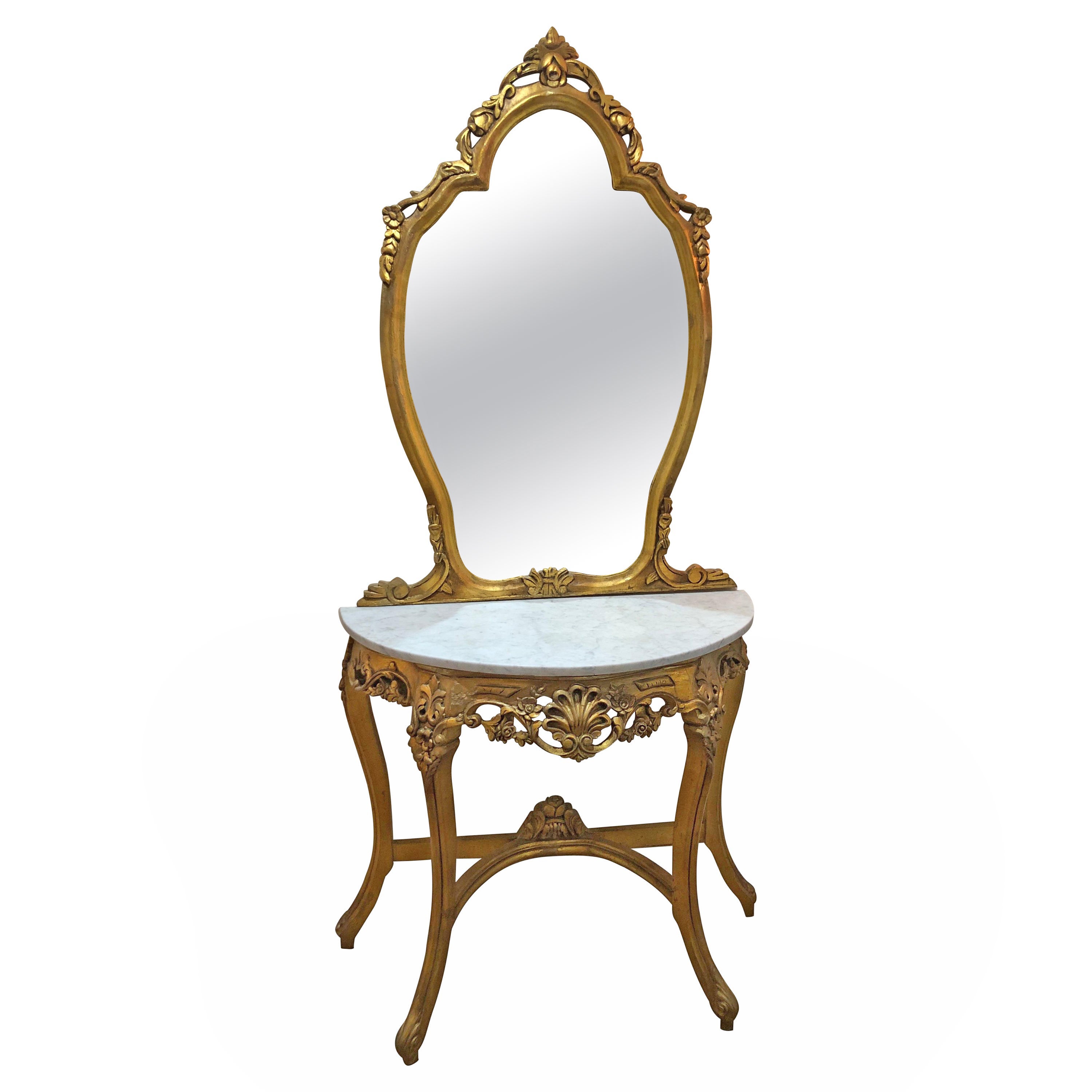 French Gilt Marble Top Demilune Table and Mirror im Angebot