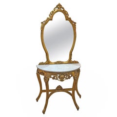 Retro French Gilt Marble Top Demilune Table and Mirror