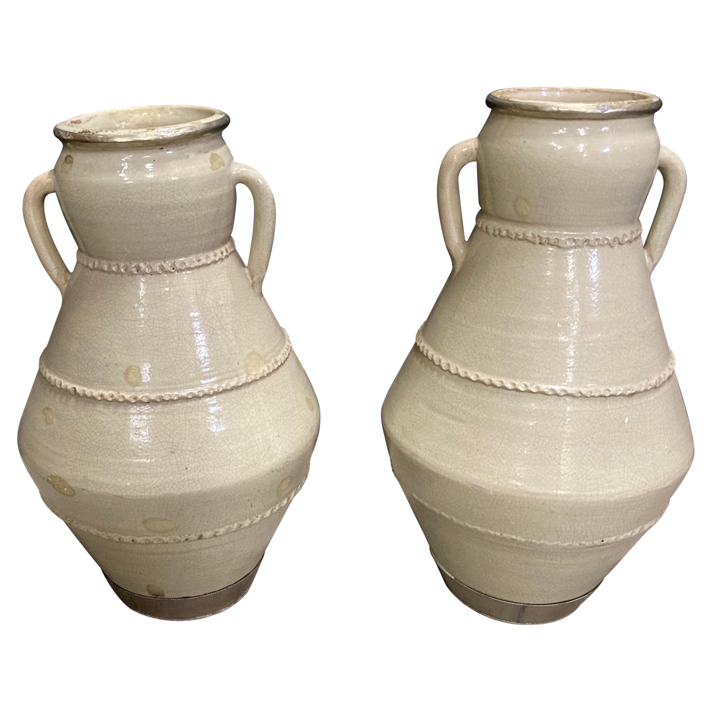 Moroccan Moorish Olive Jars from Fez, White Crackled Ivory Color