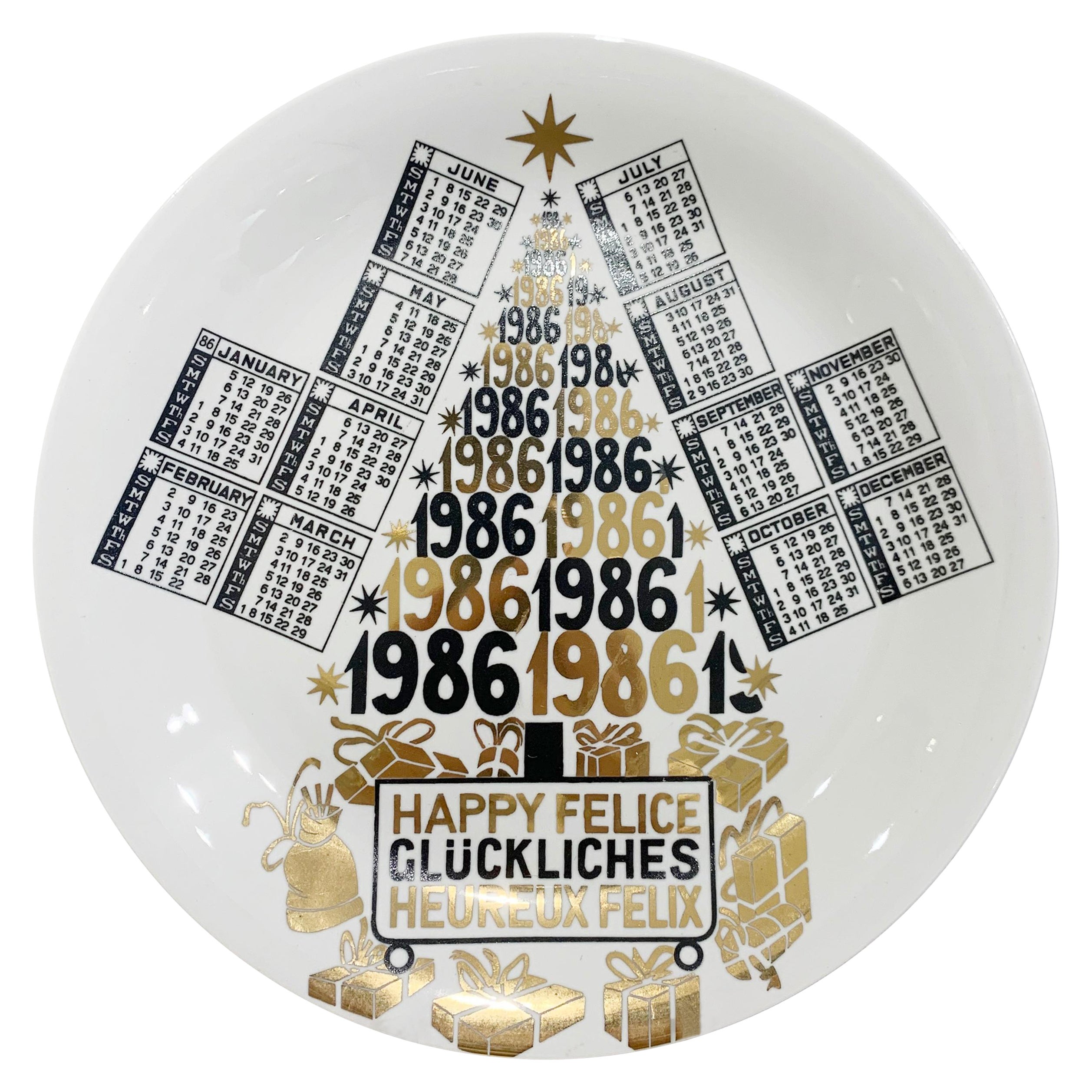 Assiette en porcelaine avec calendrier de Piero Fornasetti pour l'année 1986