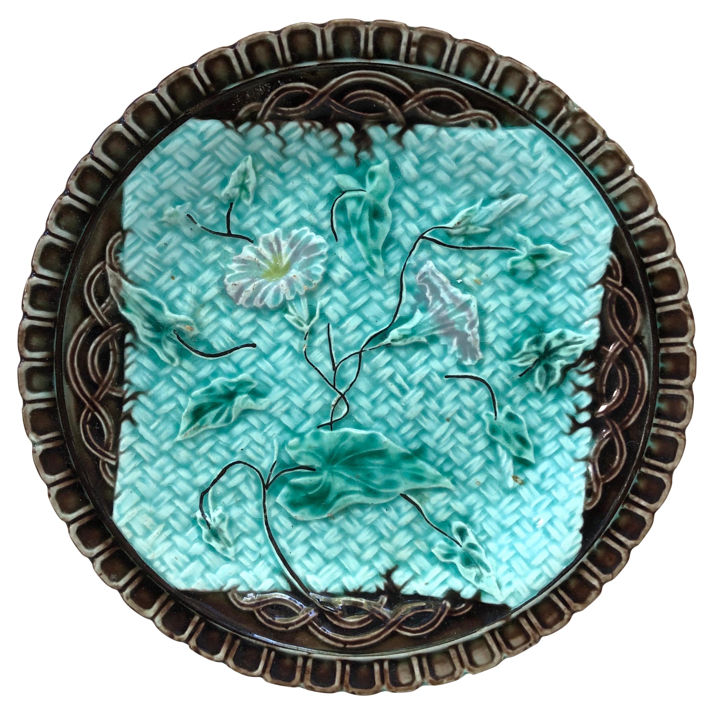 German Majolica Plate with Morning Glory, circa 1900