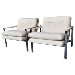 Pair Mid-Century Modern Chrome & Fabric Side Chairs Style of Milo Baughman