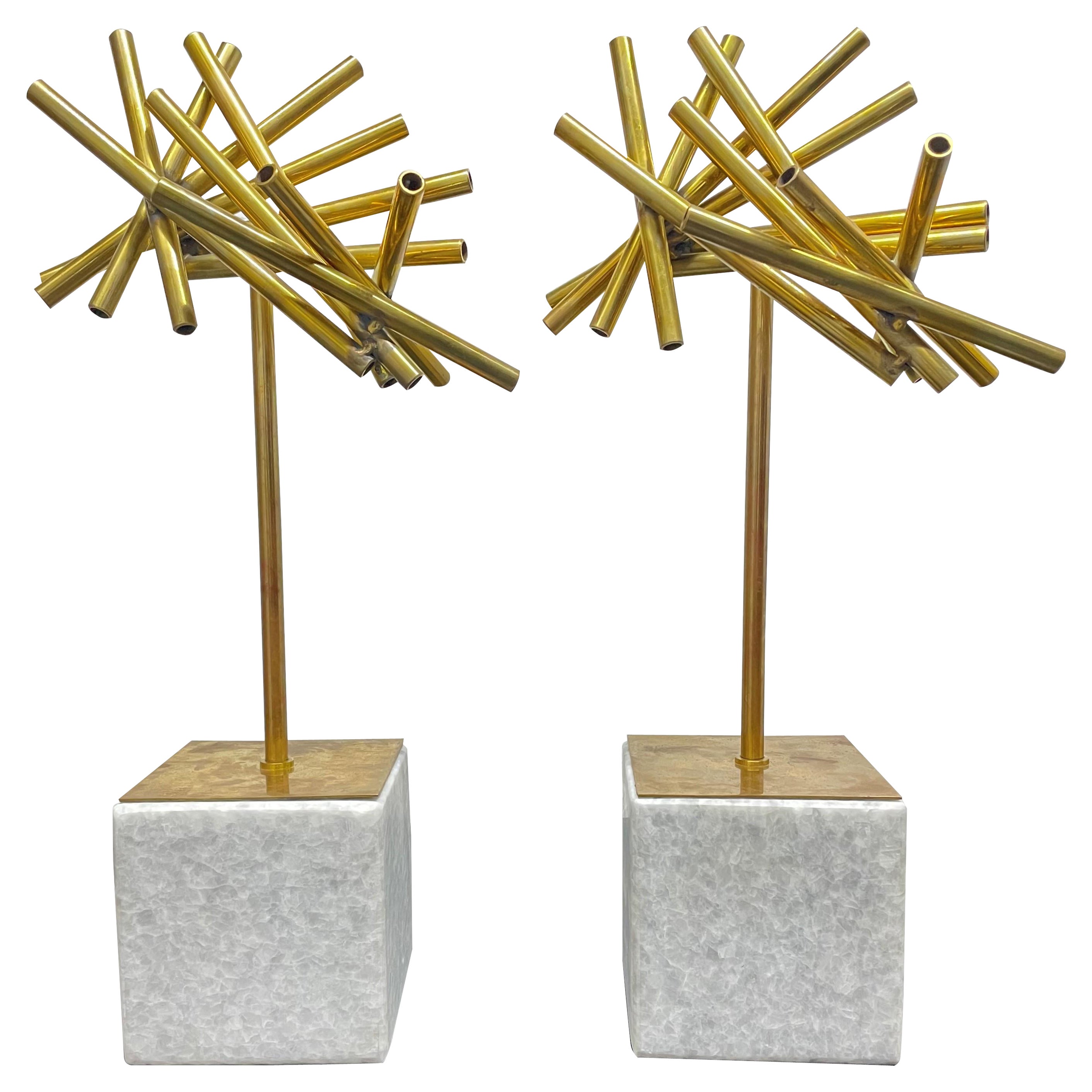 Pair Brass Sculptures on Marble Bases For Sale