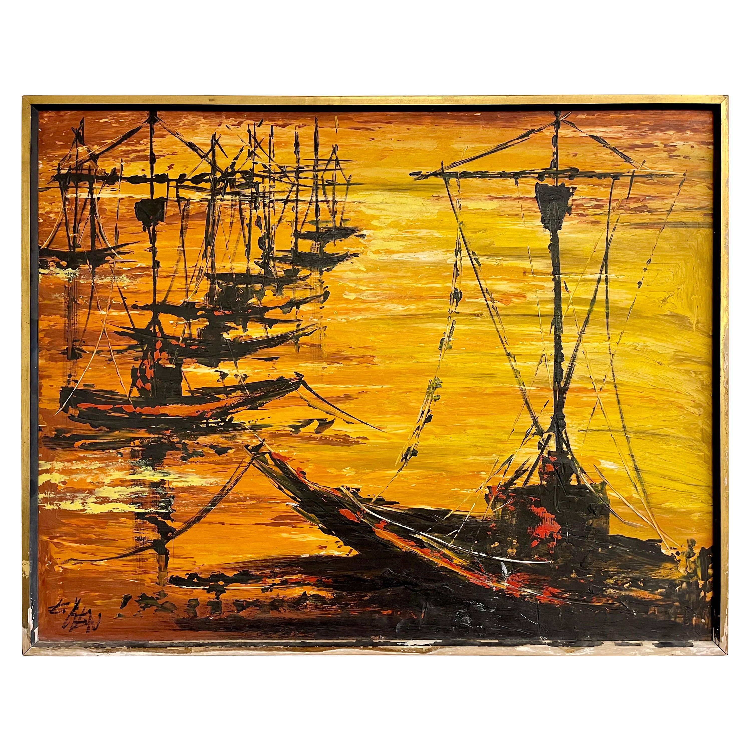 Palette Knife Oil Painting of Fishing Boats For Sale