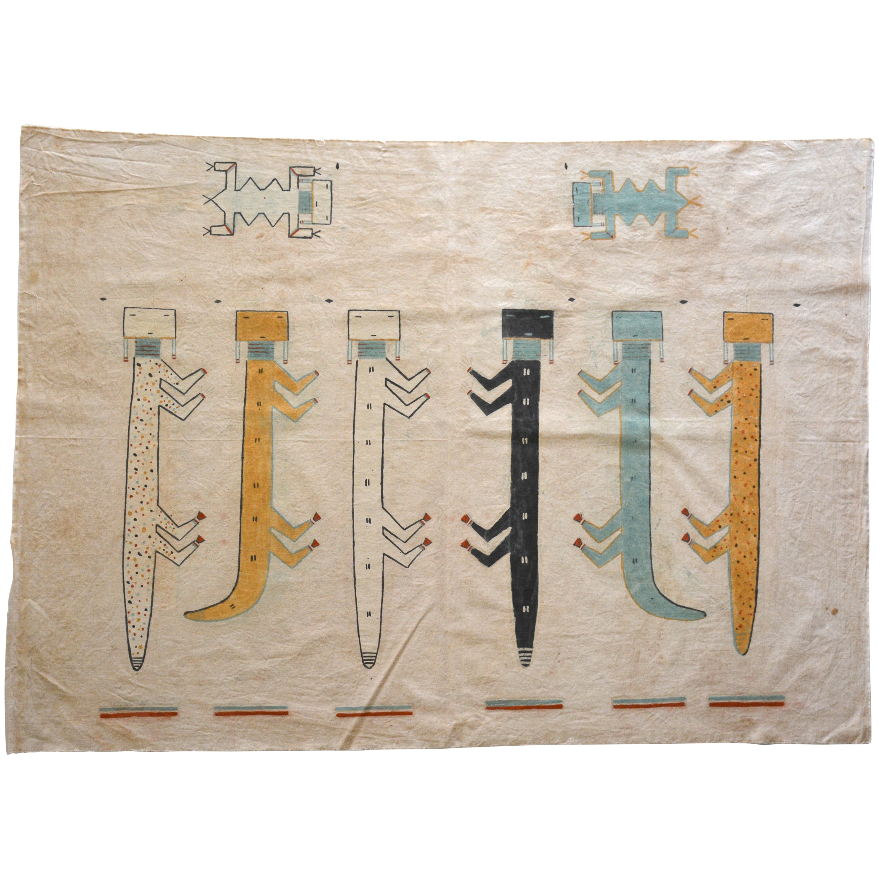 Navajo Picture Writing on Muslin, Six Weasel People with Two Lizard Guardians For Sale