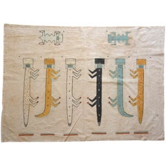 Vintage Navajo Picture Writing on Muslin, Six Weasel People with Two Lizard Guardians