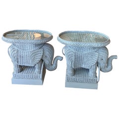 Retro Pair of Elephant Wicker Side End Tables with Tray and Glass Top