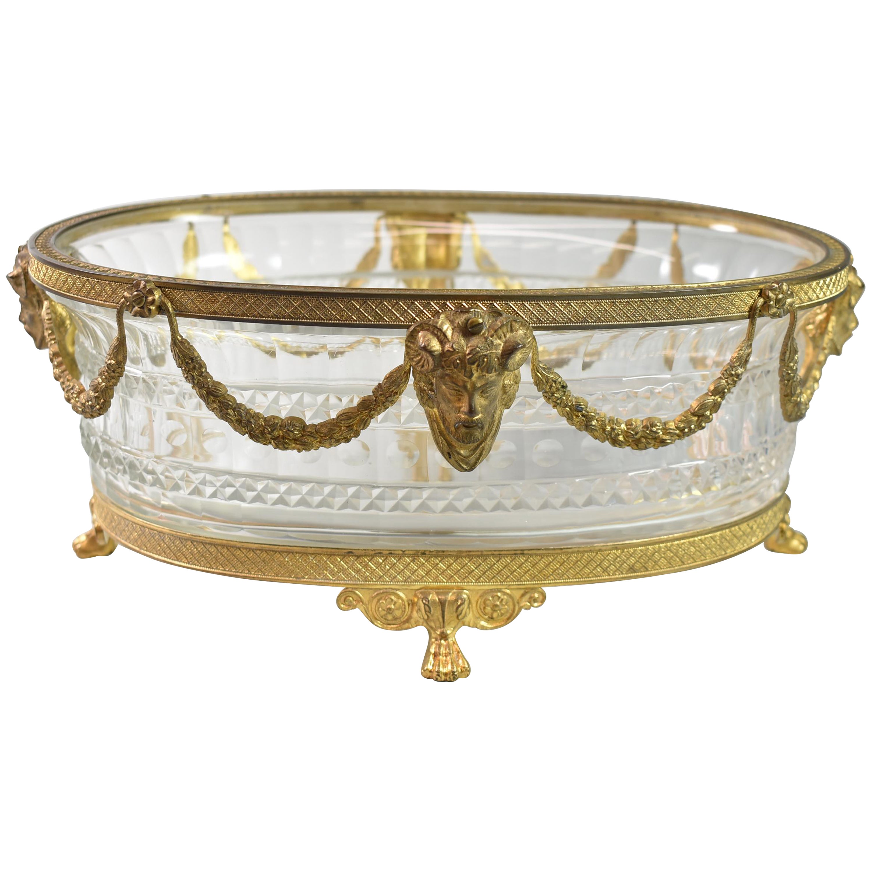 Austrian Gilt Bronze Crystal Centerpiece Oval Footed Bowl For Sale