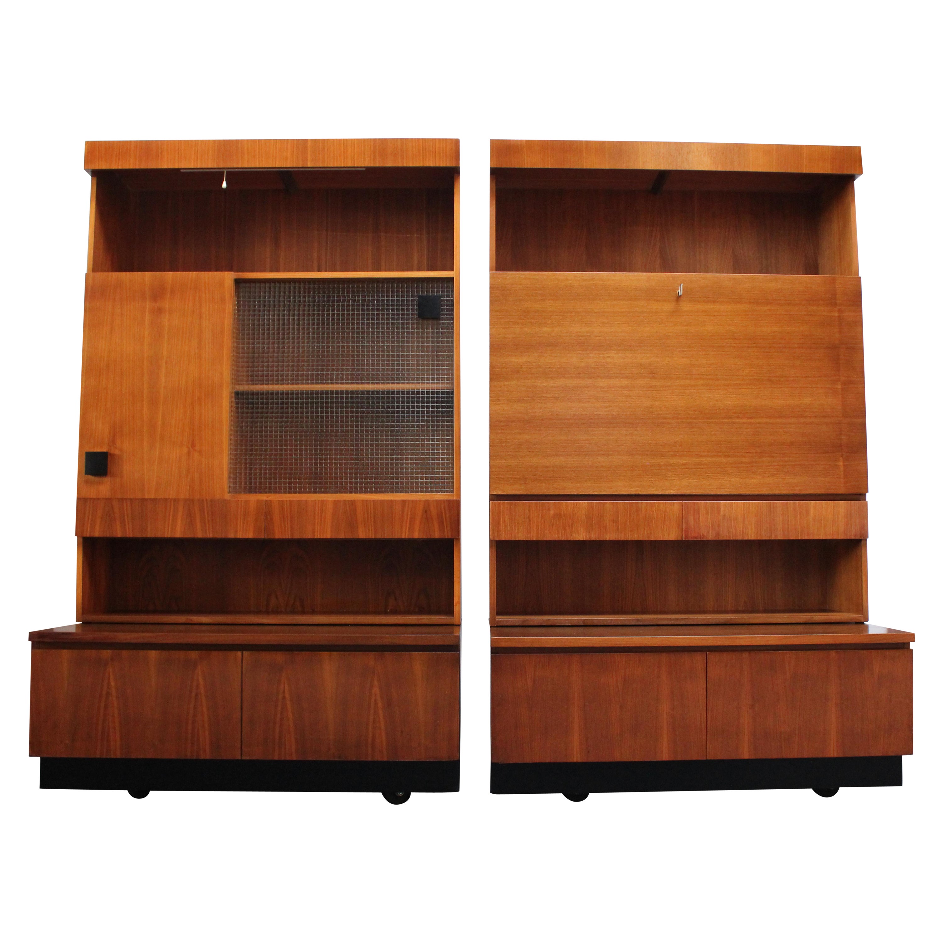 Pair of Italian Free-Standing Wall Units in Walnut on Ebonized Plinth Bases For Sale