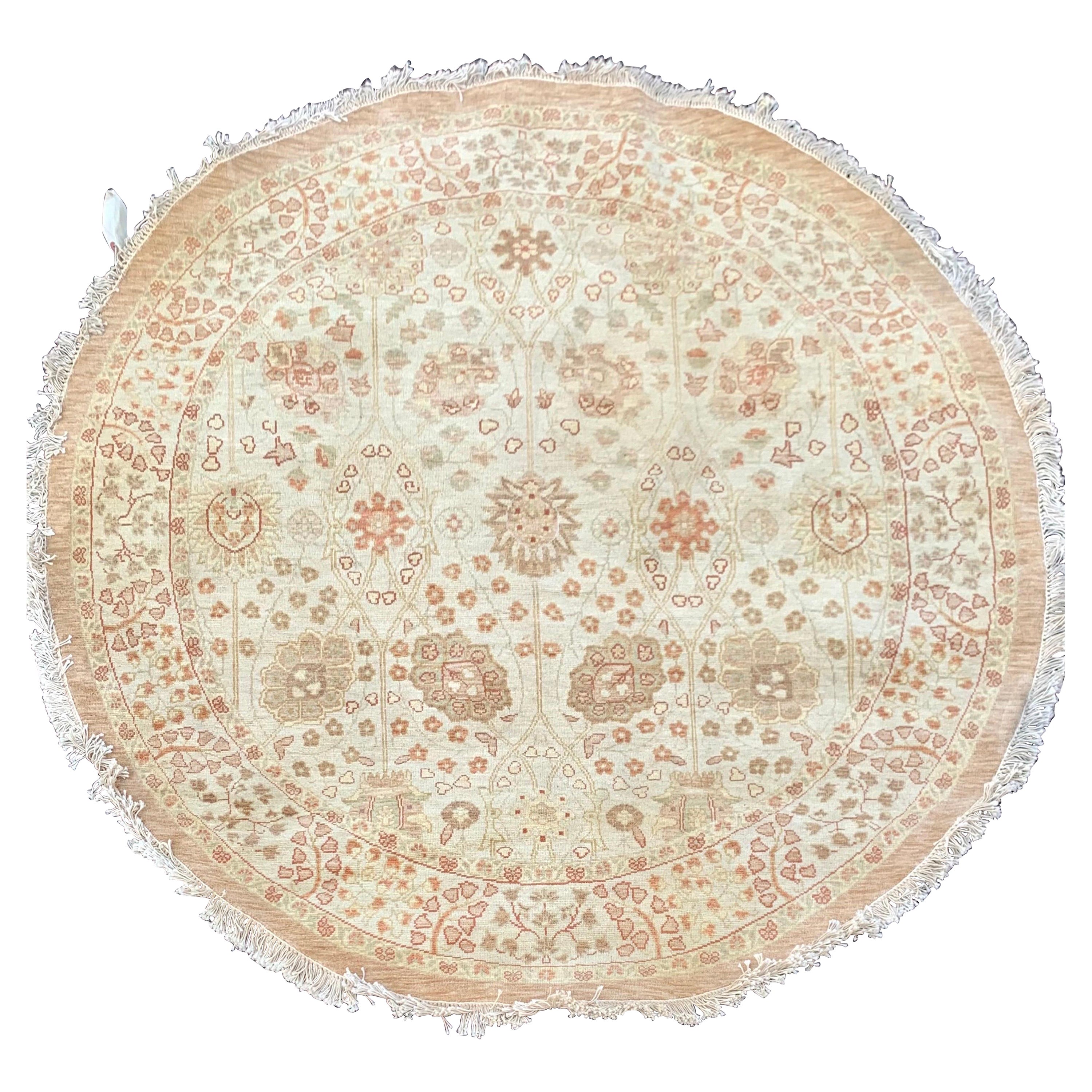 Gold Ivory Beige Floral Persian Style Round Rug For Sale