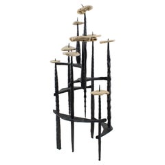 Vintage David Palombo 1950s Brutalist Iron and Stones Sculpture Menorah