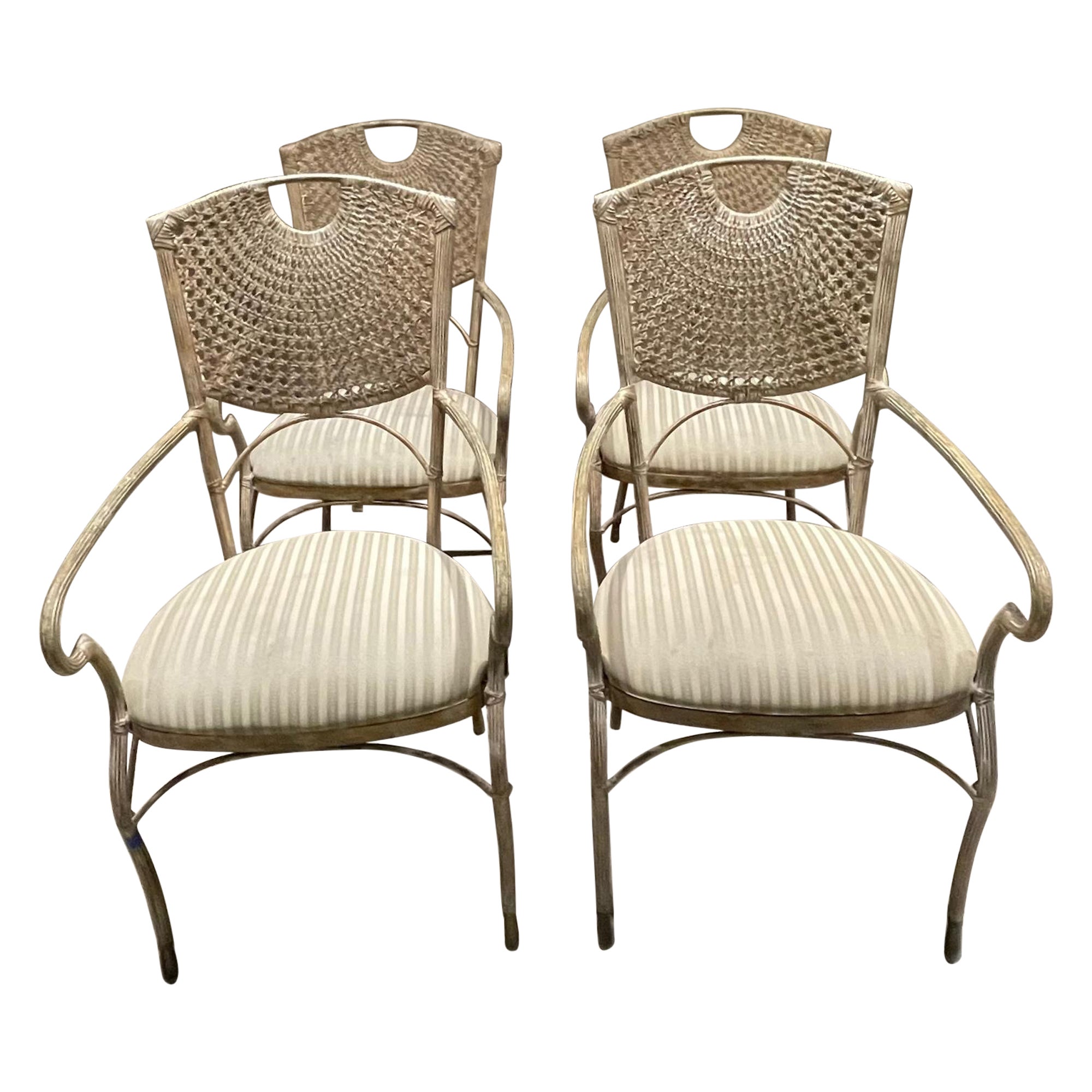  1970 Maitland Smith Four Dining Chairs Sculptural Cane & Iron  en vente