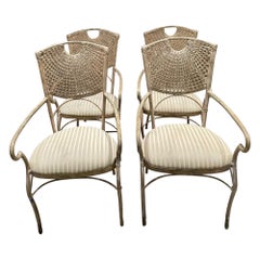 Sculptural Wicker 4 Dining Armchairs in Cane & Iron Style of Maitland Smith