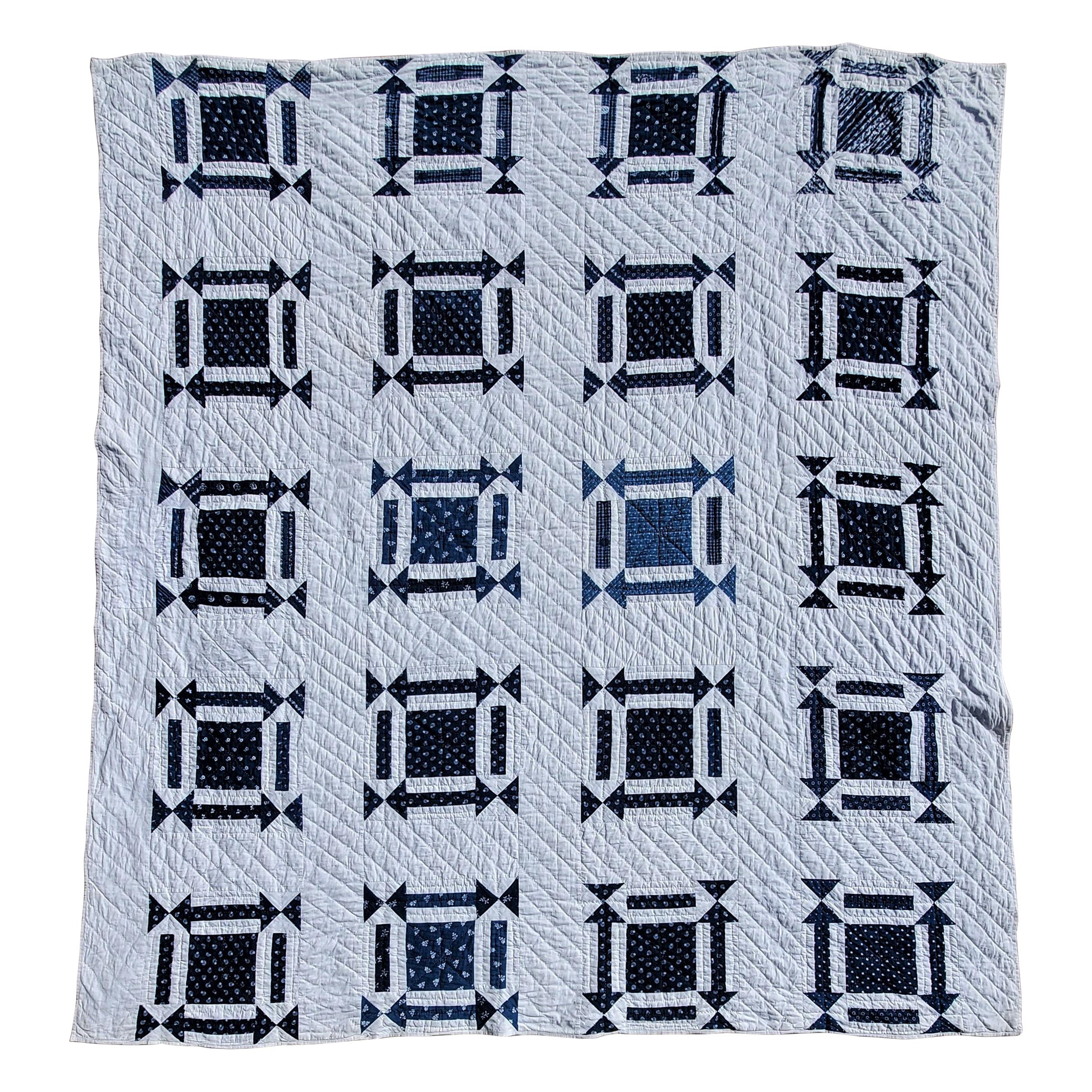 19thc Geometric Blue & White W/ Arrows & One Patch Quilt