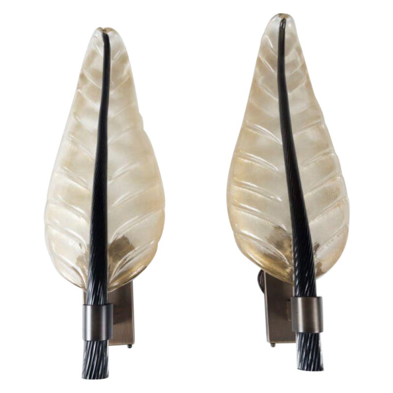 Monumental Pair of Murano Gold & Black Leaf Wall Lights, UL Certified For Sale