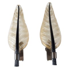 Monumental Pair of Murano Gold & Black Leaf Wall Lights, UL Certified