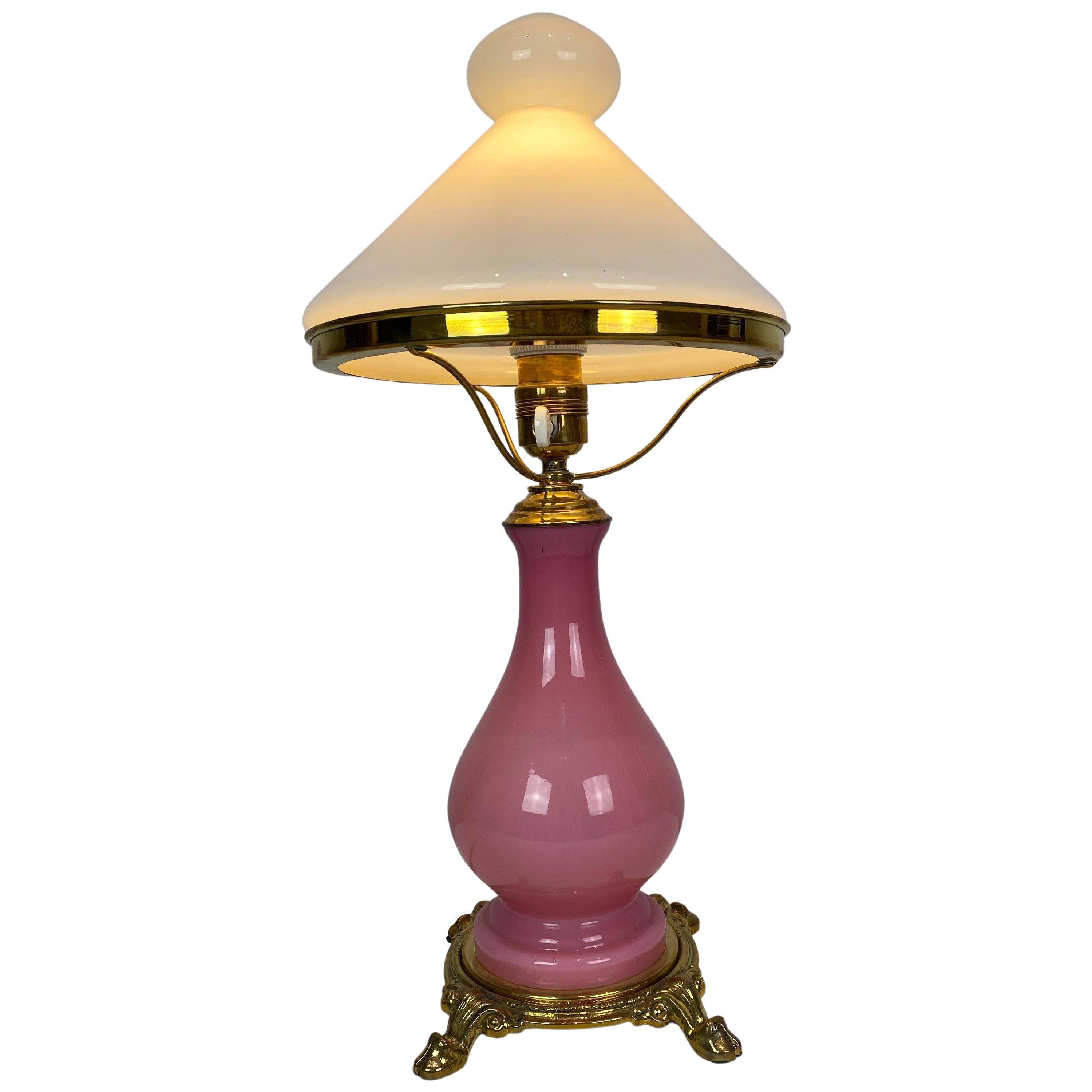 Lampe de bureau avec cadre en verre opalin rose, années 1930 en vente
