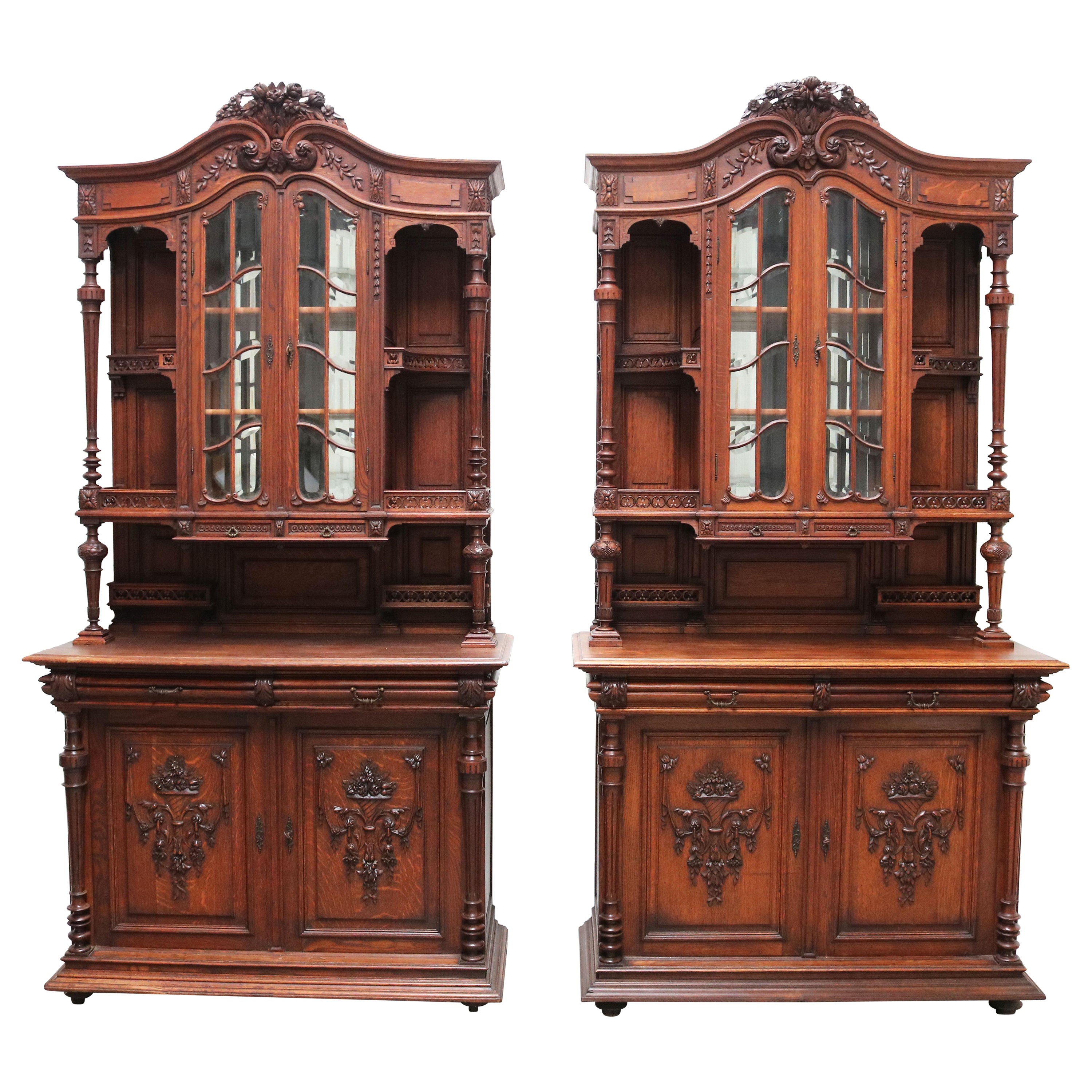 Pair of Large French Antique Renaissance Revival Buffet Cabinet Oak 19th Century