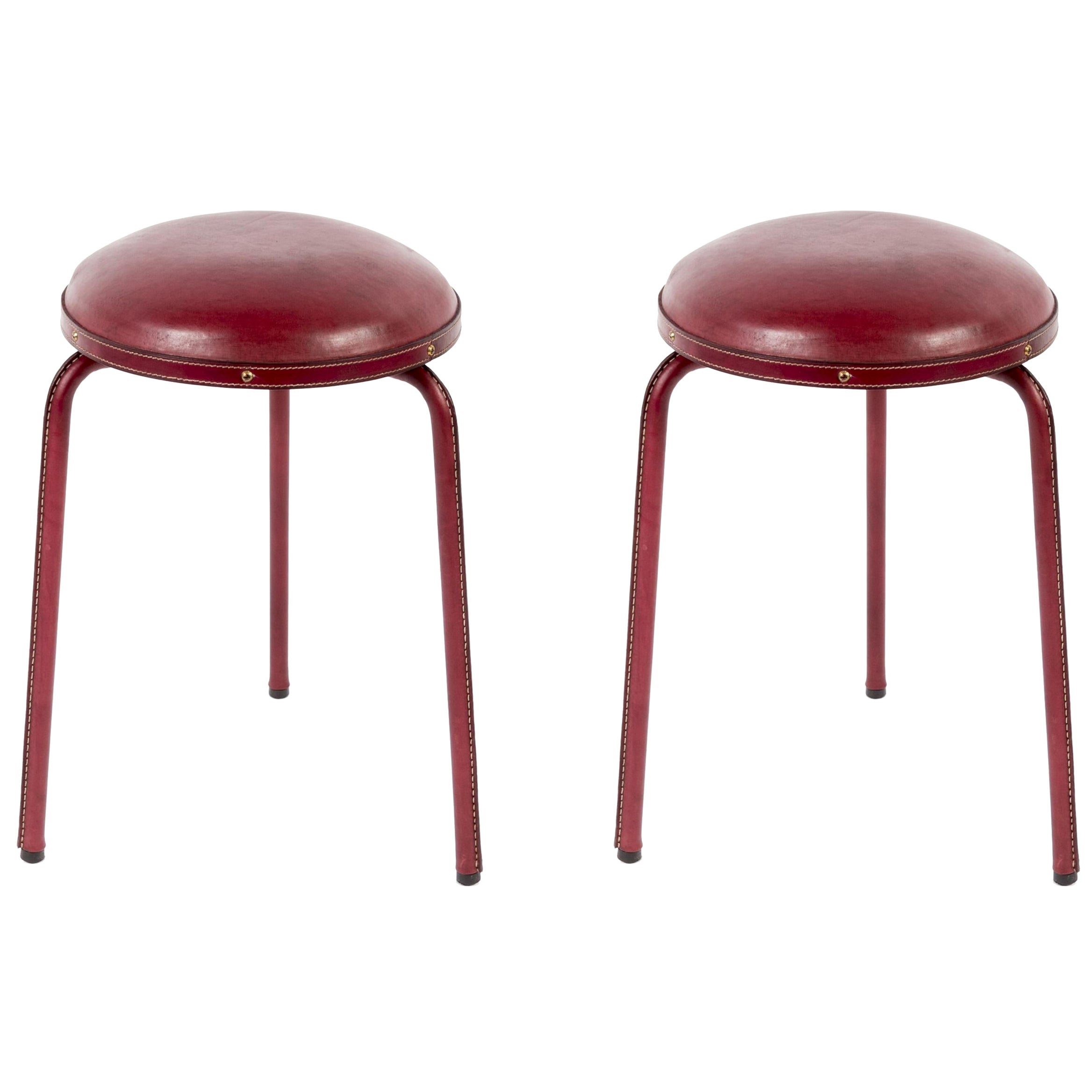 1950's Stitched Leather Stools by Jacques Adnet