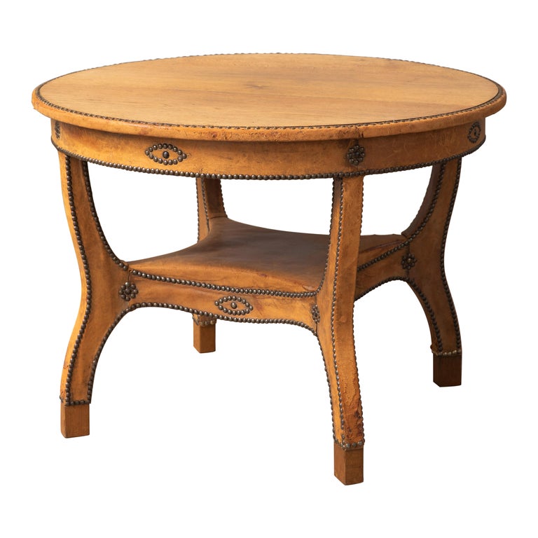 Round Cocktail Table in Oak and Leather by Otto Schulz For Sale