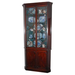 Antique English Chippendale 18th Century Corner Cupboard with Glazed Top, Paneled Bottom