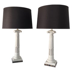 Neoclassical Style White Ceramic and Marble Fluted Column Table Lamps, Pair