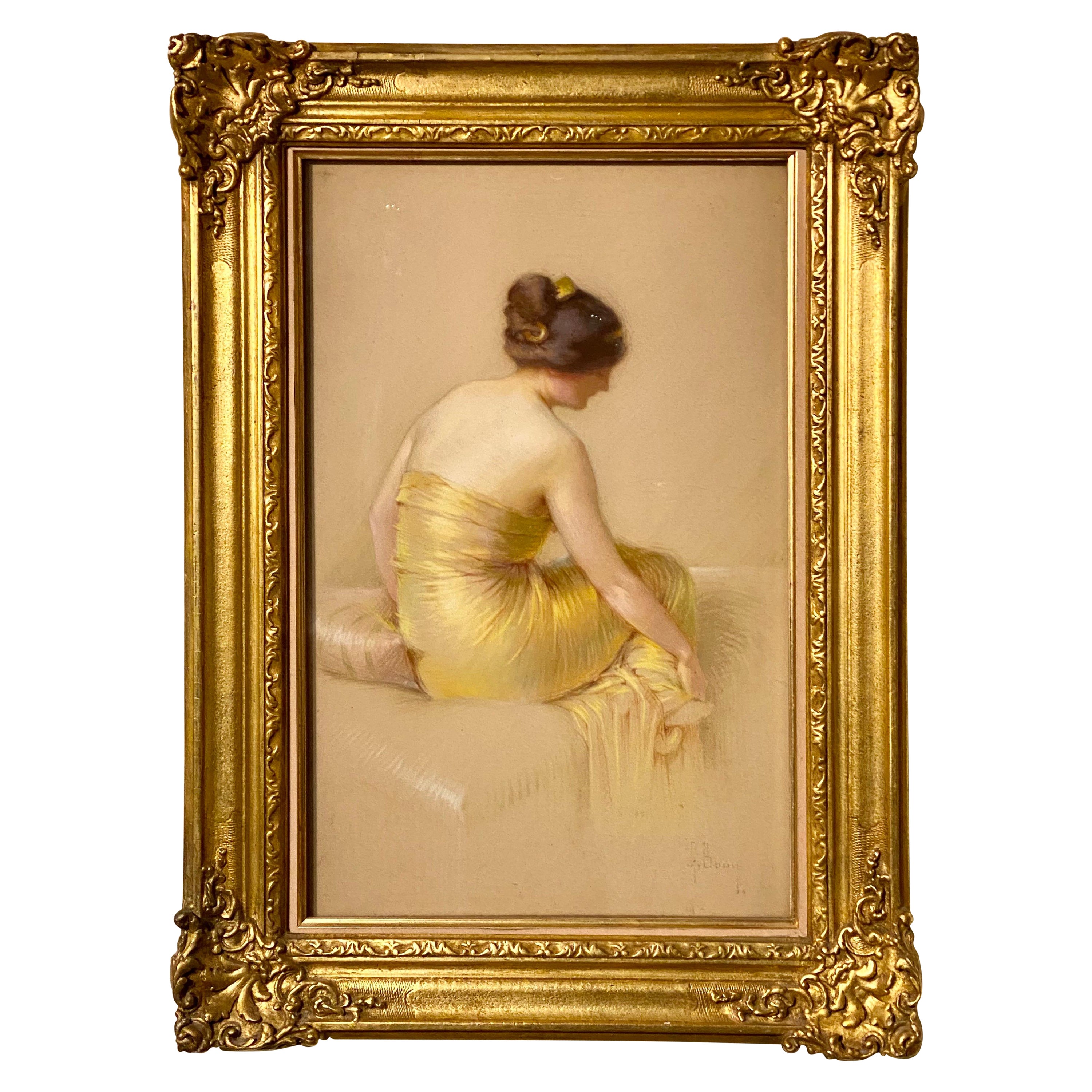 Gaston Bouy '1866-1935' a Young Beauty, Seated, Wearing a Satin Evening Dress For Sale