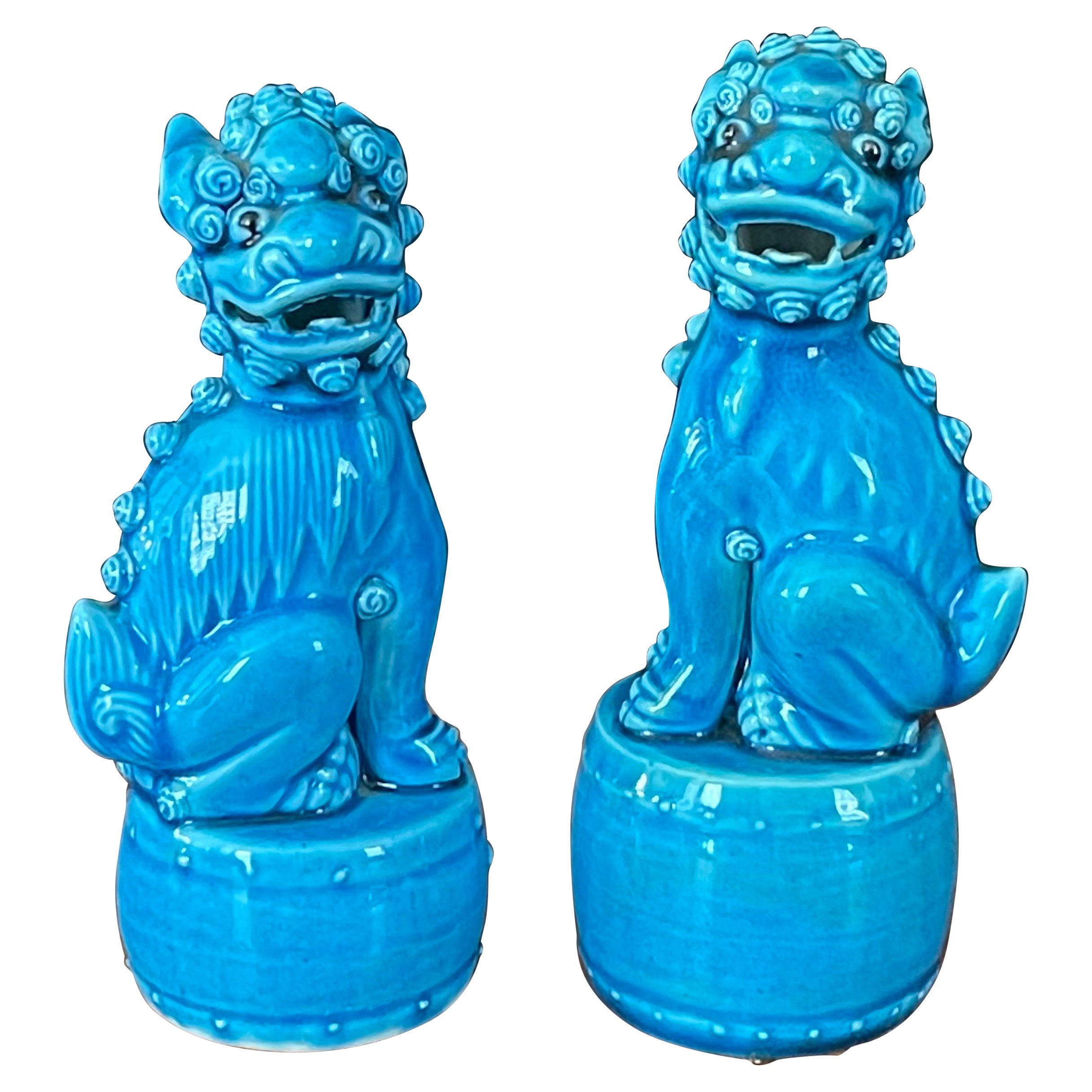 Petite Pair of Vintage Turquoise Blue Ceramic Foo Dog Sculptures